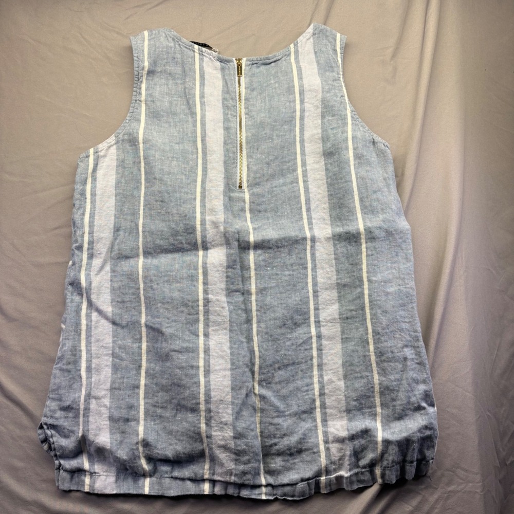 Ellen Tracy Linen Tank Top Blue White Striped Sleeveless Blouse Back Zip Mens L - Picture 2 of 8